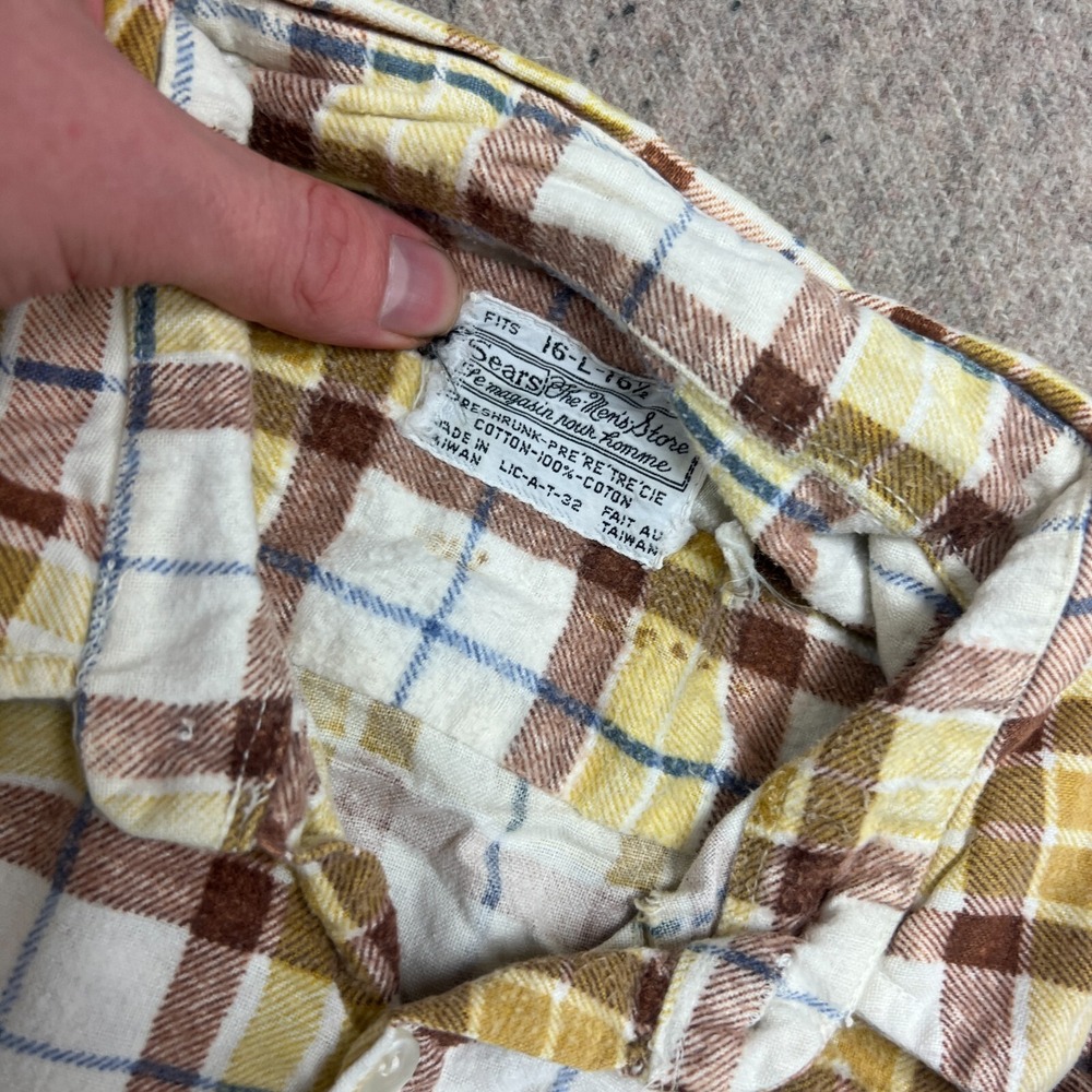 Vintage Sear Flannel Shirt Mens Large Yellow 1970s Long Sleeve - Picture 5 of 9